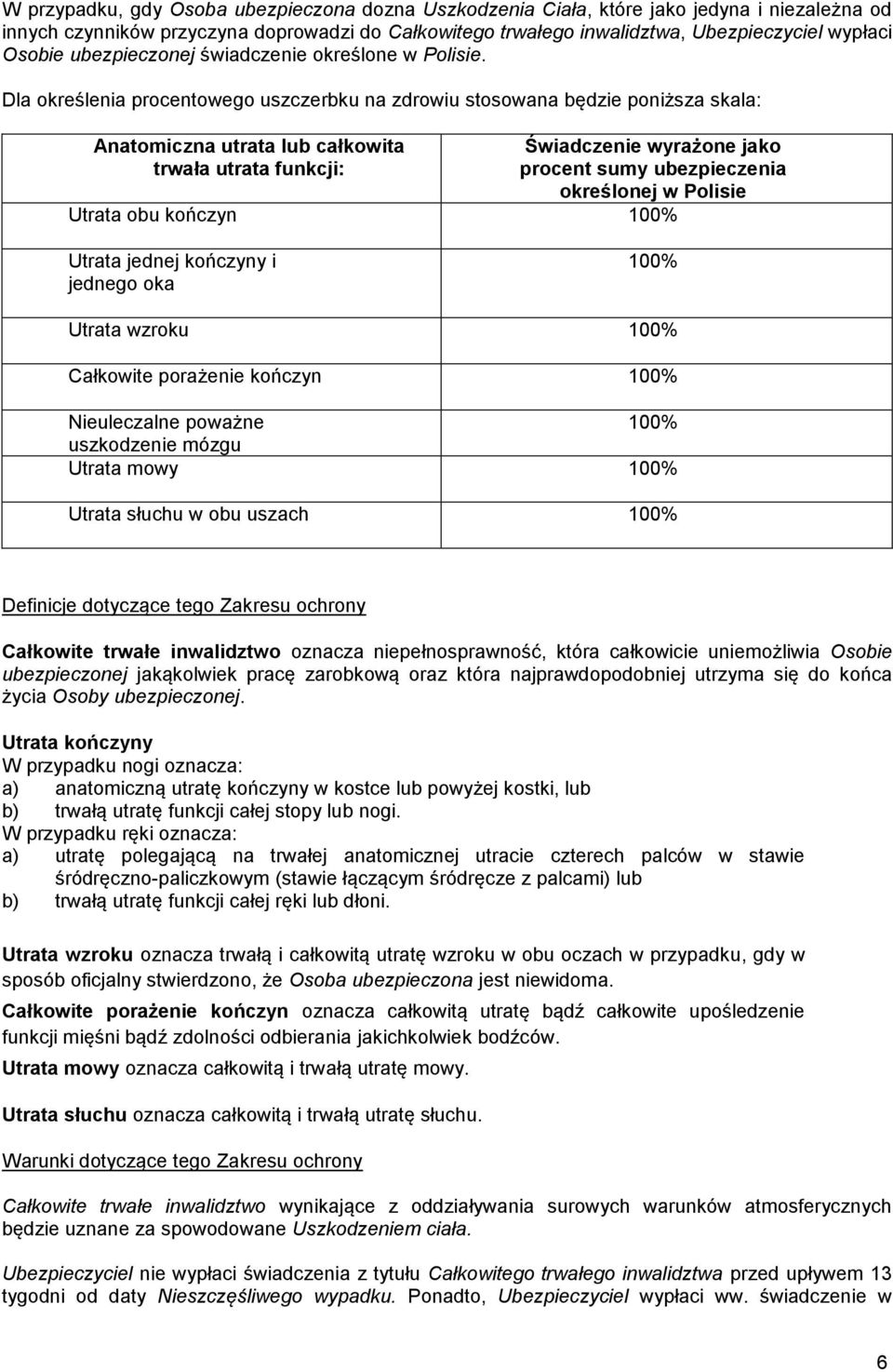 Dla określenia procentowego uszczerbku na zdrowiu stosowana będzie poniższa skala: Anatomiczna utrata lub całkowita trwała utrata funkcji: Świadczenie wyrażone jako procent sumy ubezpieczenia