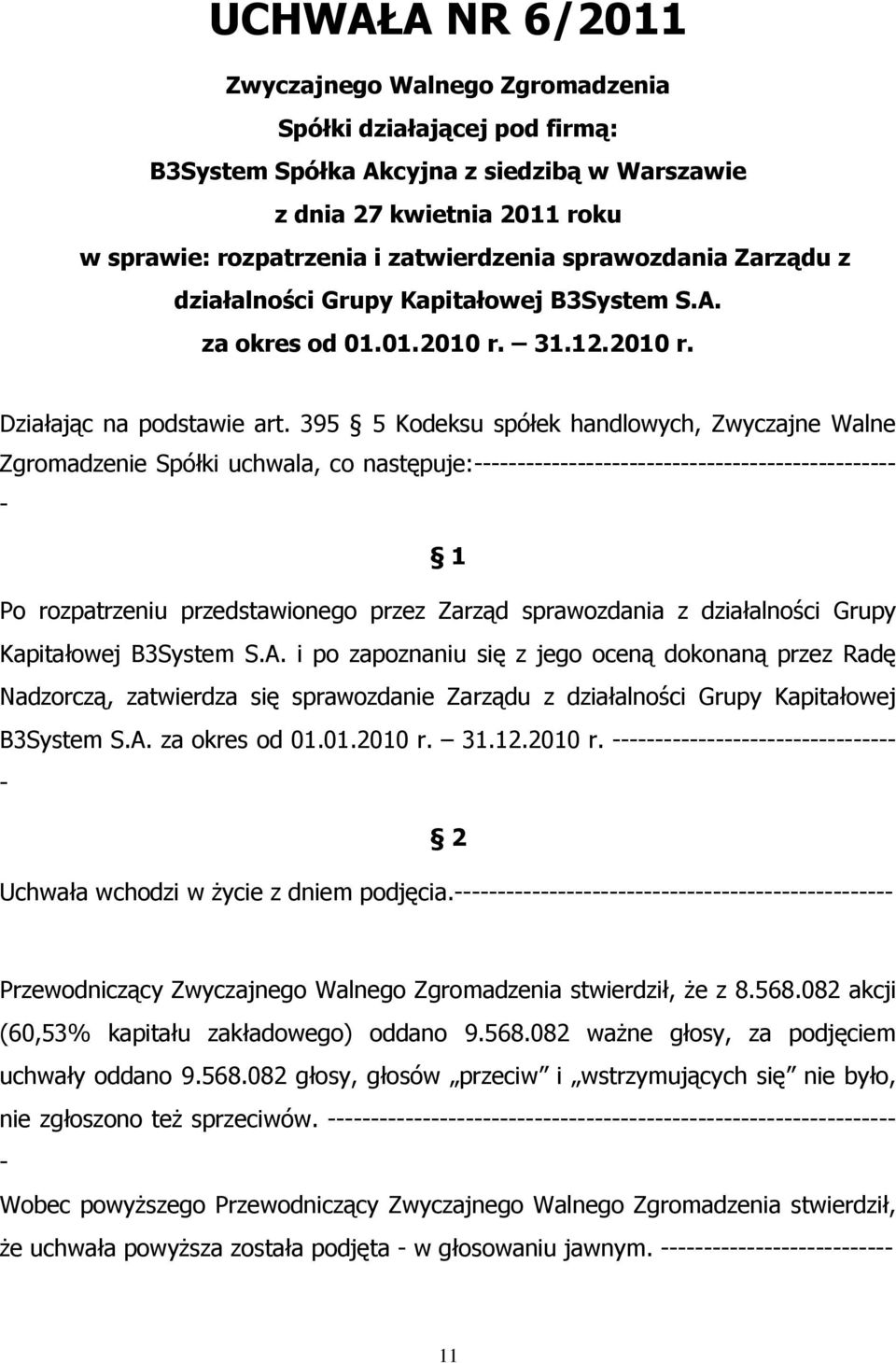 395 5 Kodeksu spółek handlowych, Zwyczajne Walne Zgromadzenie Spółki uchwala, co następuje: 1 Po rozpatrzeniu przedstawionego przez Zarząd sprawozdania z działalności Grupy Kapitałowej B3System S.A.