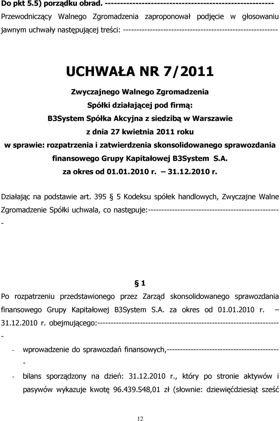 Spółka Akcyjna z siedzibą w Warszawie z dnia 27 kwietnia 2011 roku w sprawie: rozpatrzenia i zatwierdzenia skonsolidowanego sprawozdania finansowego Grupy Kapitałowej B3System S.A. za okres od 01.01.2010 r.