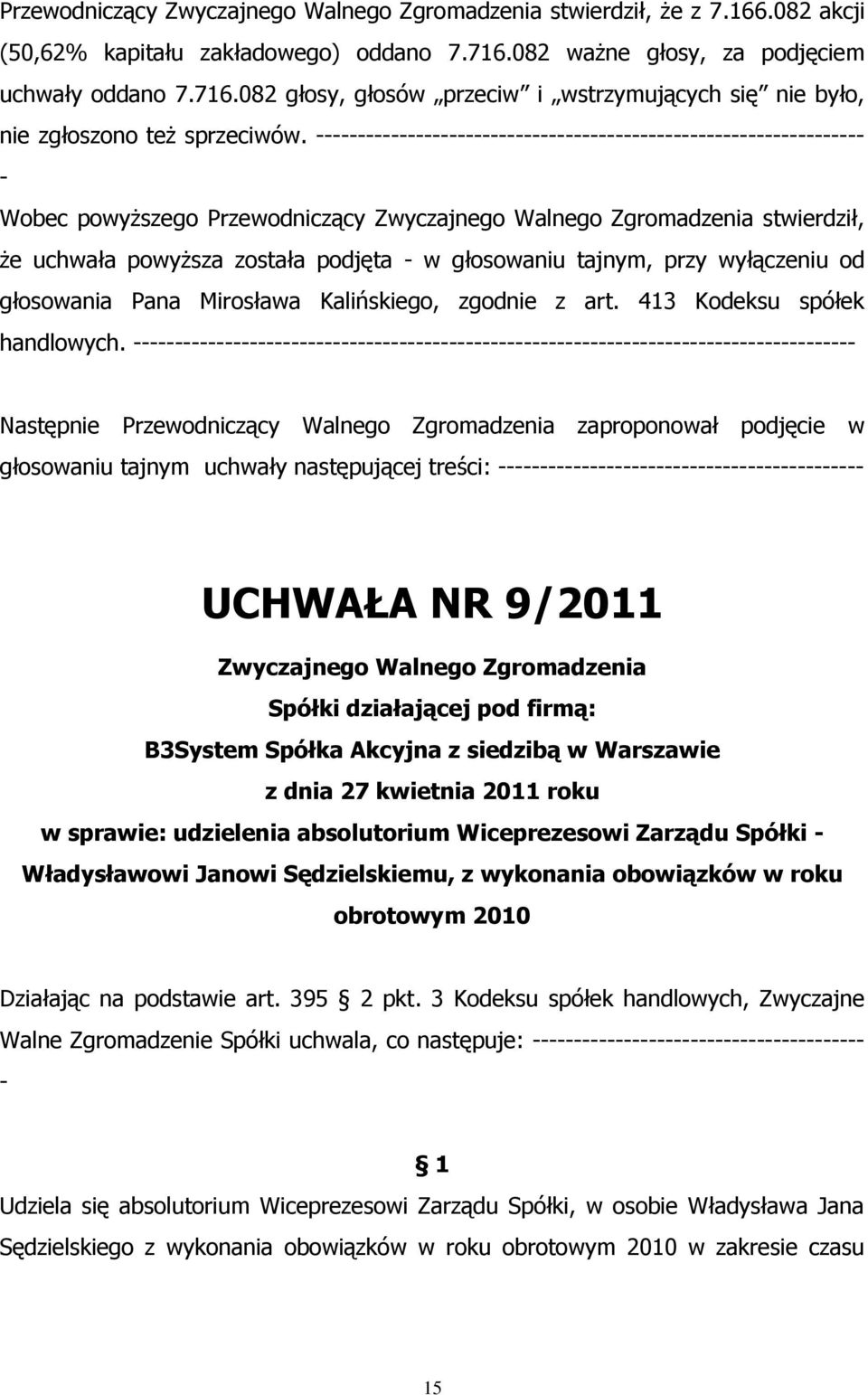 Wobec powyższego Przewodniczący Zwyczajnego Walnego Zgromadzenia stwierdził, że uchwała powyższa została podjęta w głosowaniu tajnym, przy wyłączeniu od głosowania Pana Mirosława Kalińskiego, zgodnie