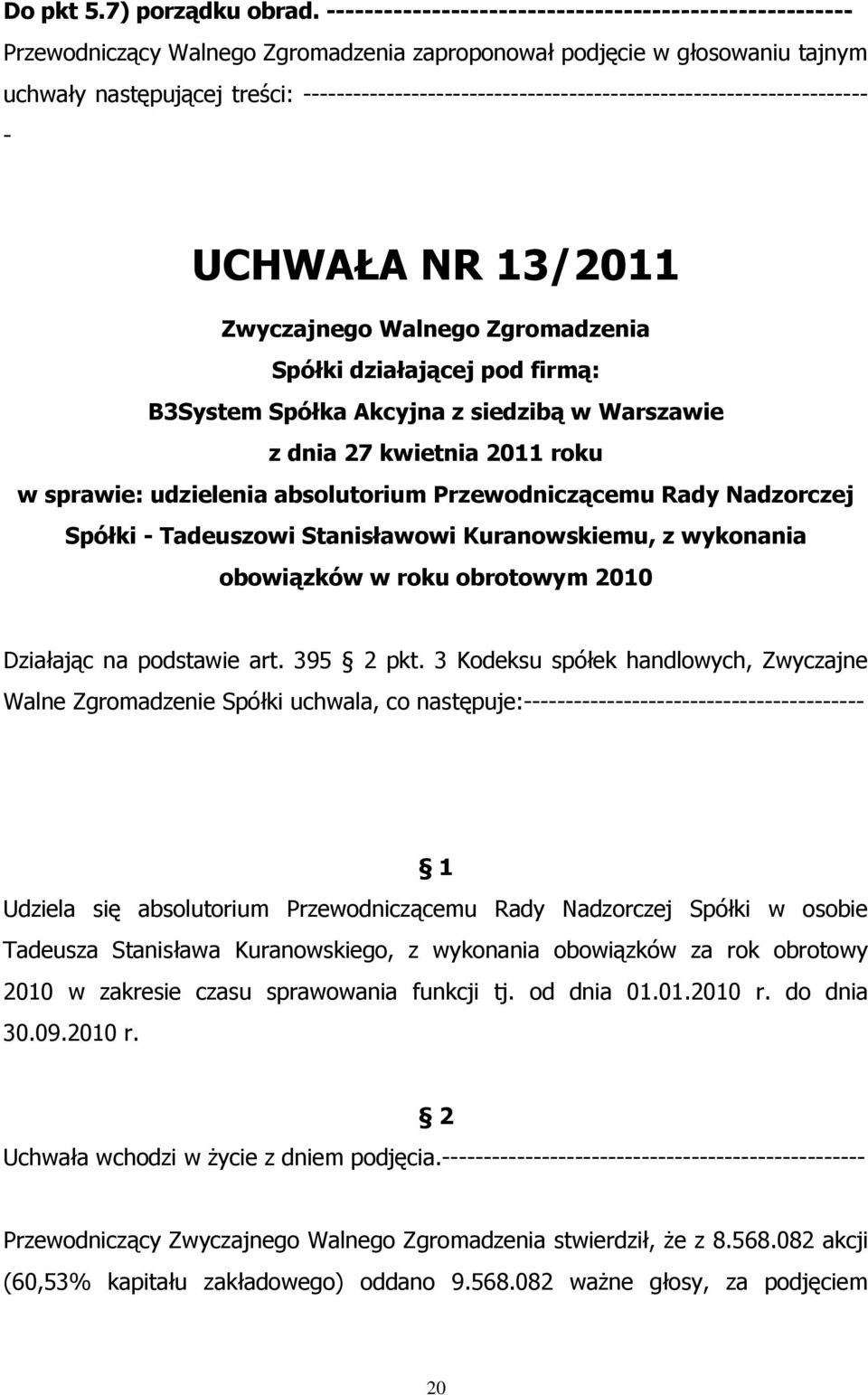 Spółka Akcyjna z siedzibą w Warszawie z dnia 27 kwietnia 2011 roku w sprawie: udzielenia absolutorium Przewodniczącemu Rady Nadzorczej Spółki Tadeuszowi Stanisławowi Kuranowskiemu, z wykonania