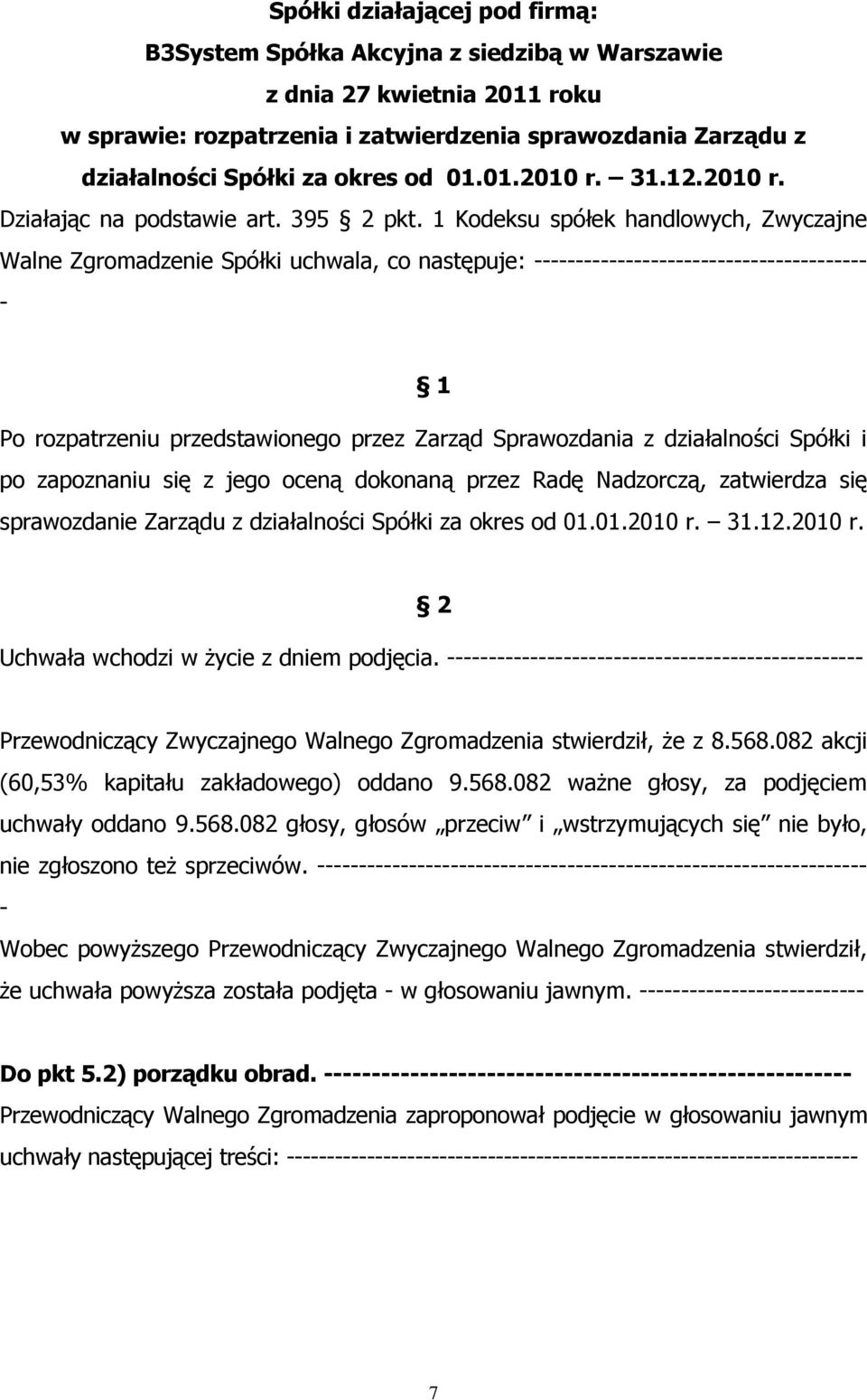 1 Kodeksu spółek handlowych, Zwyczajne Walne Zgromadzenie Spółki uchwala, co następuje: 1 Po rozpatrzeniu przedstawionego przez Zarząd Sprawozdania z działalności Spółki i po zapoznaniu się z jego