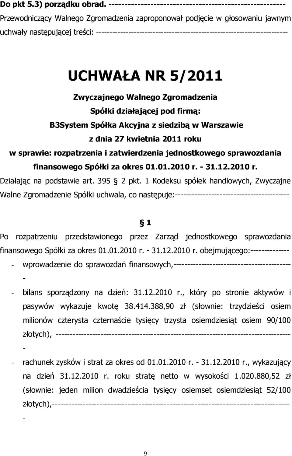 Spółka Akcyjna z siedzibą w Warszawie z dnia 27 kwietnia 2011 roku w sprawie: rozpatrzenia i zatwierdzenia jednostkowego sprawozdania finansowego Spółki za okres 01.01.2010 r.