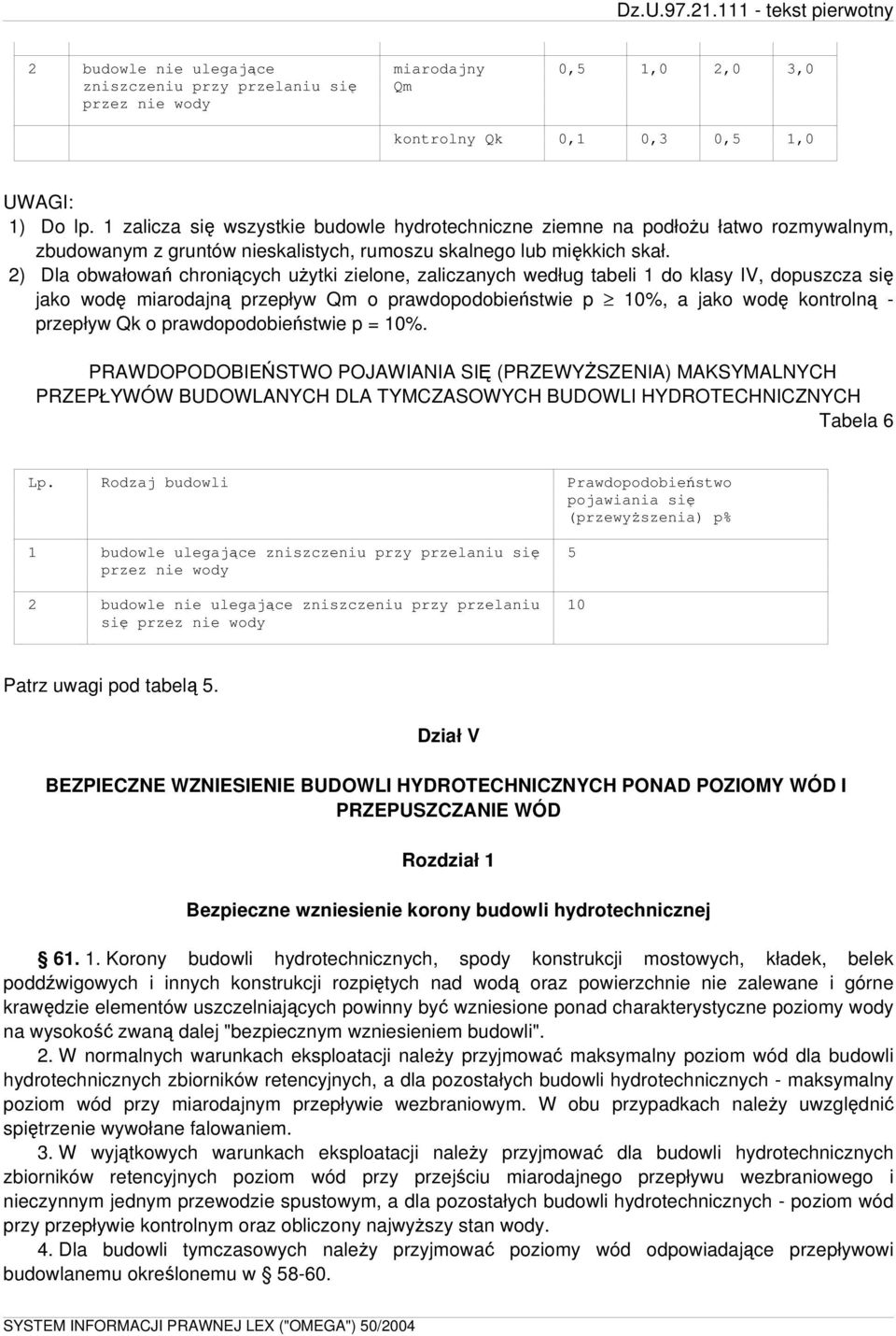 2) Dla obwałowań chroniących użytki zielone, zaliczanych według tabeli 1 do klasy IV, dopuszcza się jako wodę miarodajną przepływ Qm o prawdopodobieństwie p 10%, a jako wodę kontrolną - przepływ Qk o