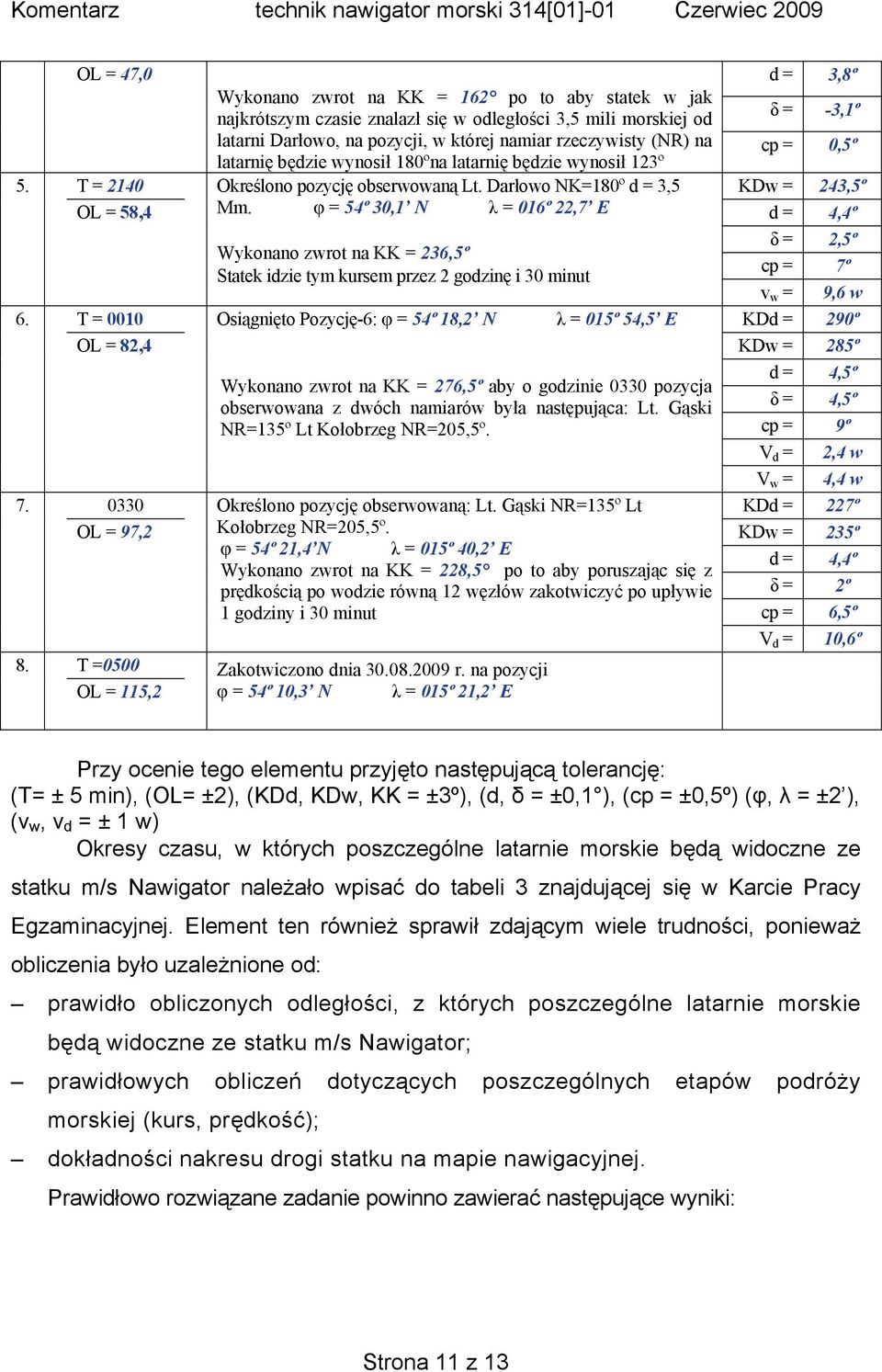 φ = 54º 30,1 N λ = 016º 22,7 E d = 4,4º Wykonano zwrot na KK = 236,5º Statek idzie tym kursem przez 2 godzinę i 30 minut δ = 2,5º cp = 7º v w = 9,6 w 6.