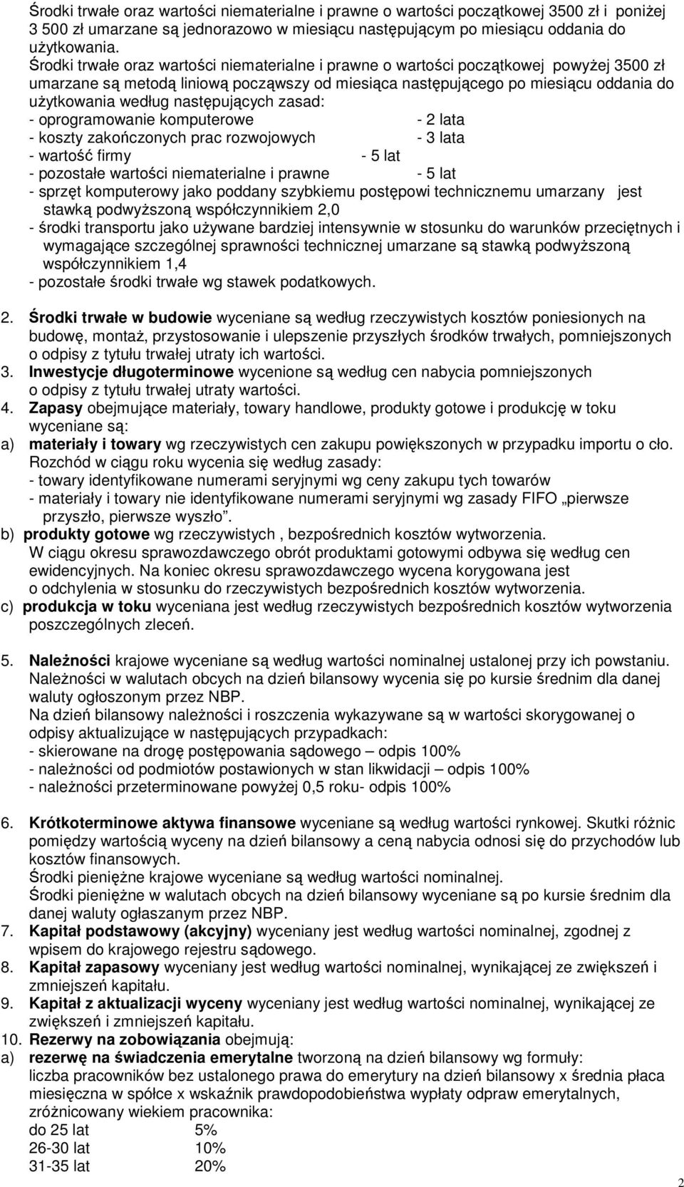 następujących zasad: - oprogramowanie komputerowe - 2 lata - koszty zakończonych prac rozwojowych - 3 lata - wartość firmy - 5 lat - pozostałe wartości niematerialne i prawne - 5 lat - sprzęt