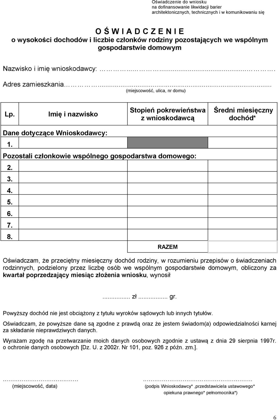 Imię i nazwisko Stopień pokrewieństwa z wnioskodawcą Średni miesięczny dochód* Dane dotyczące Wnioskodawcy: 1. Pozostali członkowie wspólnego gospodarstwa domowego: 2. 3. 4. 5. 6. 7. 8.