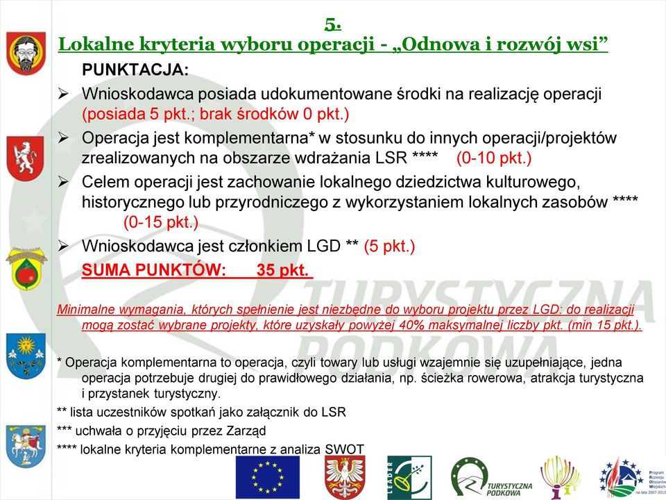 ) Celem operacji jest zachowanie lokalnego dziedzictwa kulturowego, historycznego lub przyrodniczego z wykorzystaniem lokalnych zasobów **** (0-15 pkt.) Wnioskodawca jest członkiem LGD ** (5 pkt.