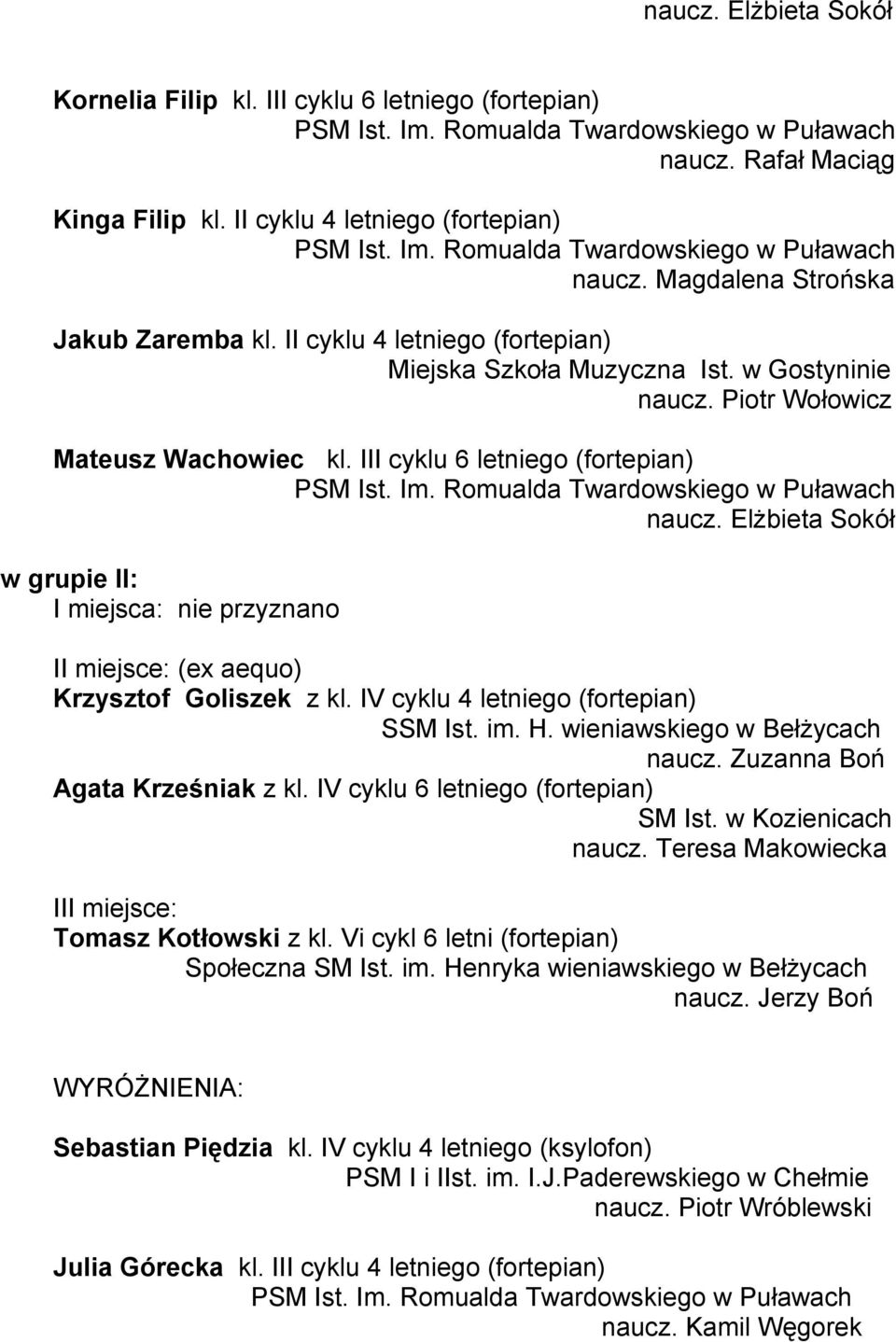 Elżbieta Sokół w grupie II: I miejsca: nie przyznano II miejsce: (ex aequo) Krzysztof Goliszek z kl. IV cyklu 4 letniego (fortepian) SSM Ist. im. H. wieniawskiego w Bełżycach naucz.