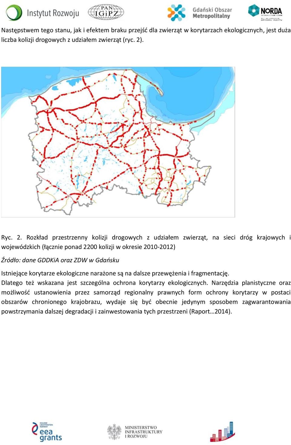 Rozkład przestrzenny kolizji drogowych z udziałem zwierząt, na sieci dróg krajowych i wojewódzkich (łącznie ponad 2200 kolizji w okresie 2010-2012) Źródło: dane GDDKiA oraz ZDW w Gdańsku Istniejące