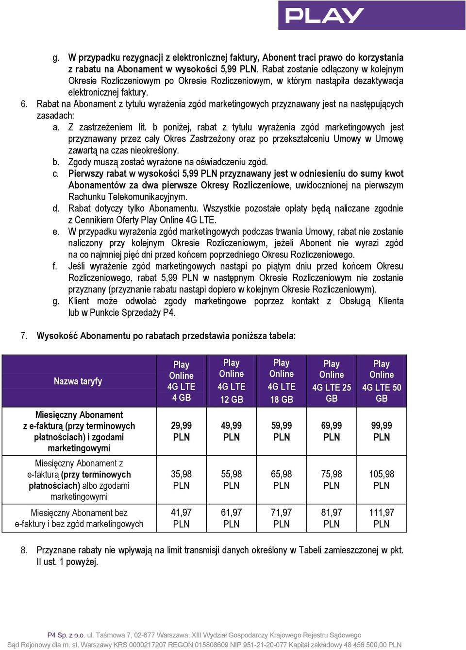 Rabat na Abonament z tytułu wyrażenia zgód marketingowych przyznawany jest na następujących zasadach: a. Z zastrzeżeniem lit.