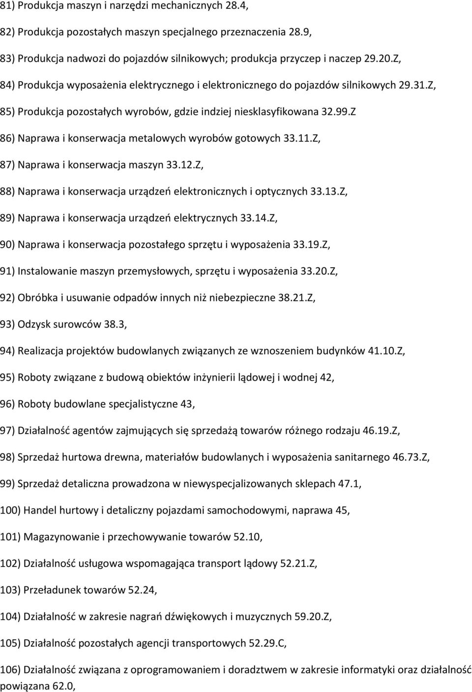 Z 86) Naprawa i konserwacja metalowych wyrobów gotowych 33.11.Z, 87) Naprawa i konserwacja maszyn 33.12.Z, 88) Naprawa i konserwacja urządzeń elektronicznych i optycznych 33.13.