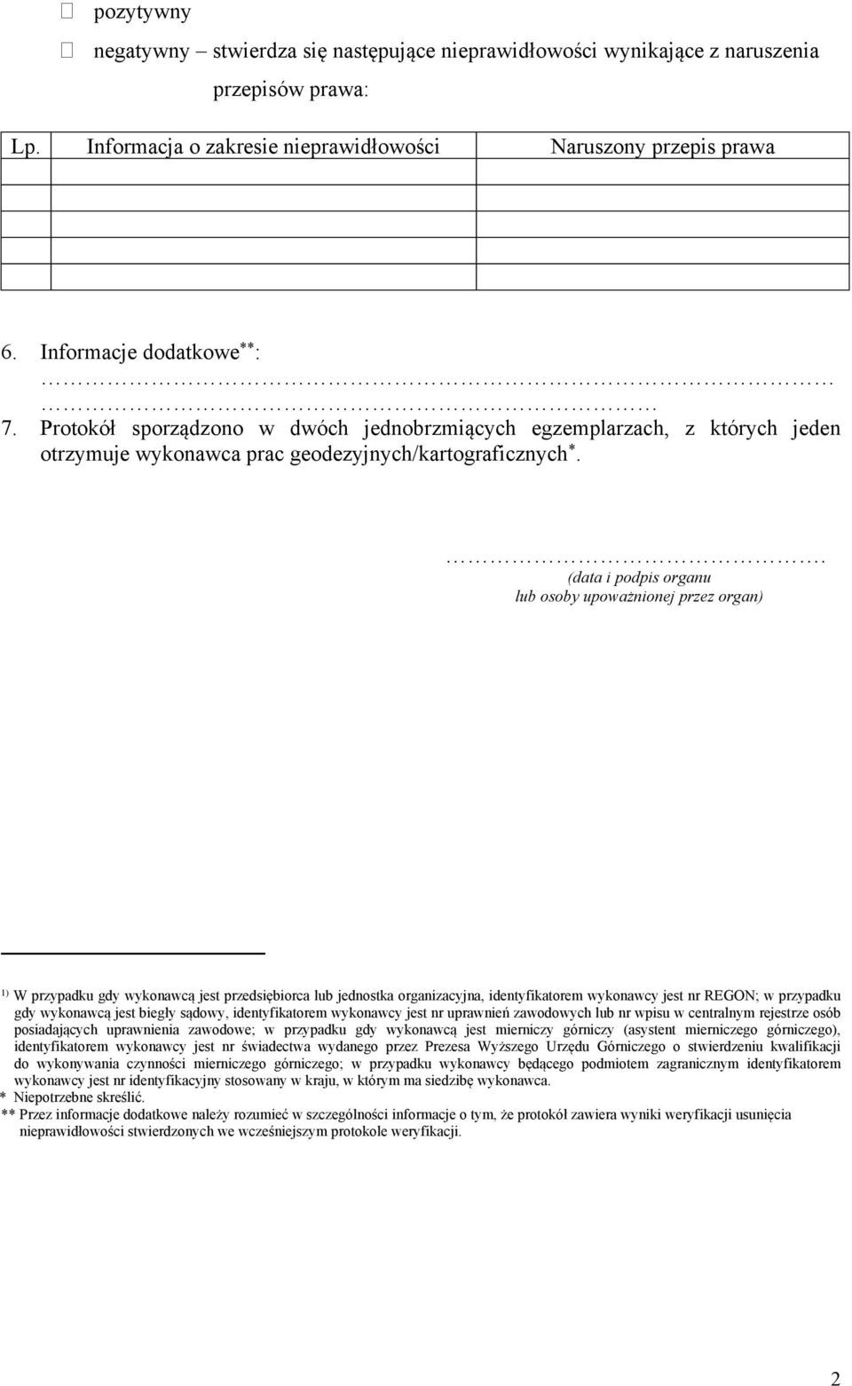 . (data i podpis organu lub osoby upoważnionej przez organ) 1) W przypadku gdy wykonawcą jest przedsiębiorca lub jednostka organizacyjna, identyfikatorem wykonawcy jest nr REGON; w przypadku gdy