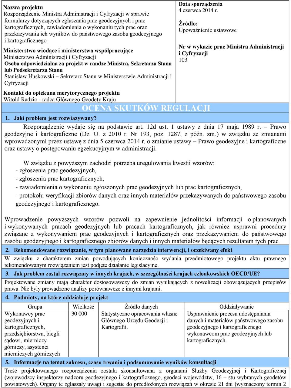 projekt w randze Ministra, Sekretarza Stanu lub Podsekretarza Stanu Stanisław Huskowski Sekretarz Stanu w Ministerstwie Administracji i Cyfryzacji Kontakt do opiekuna merytorycznego projektu Witold