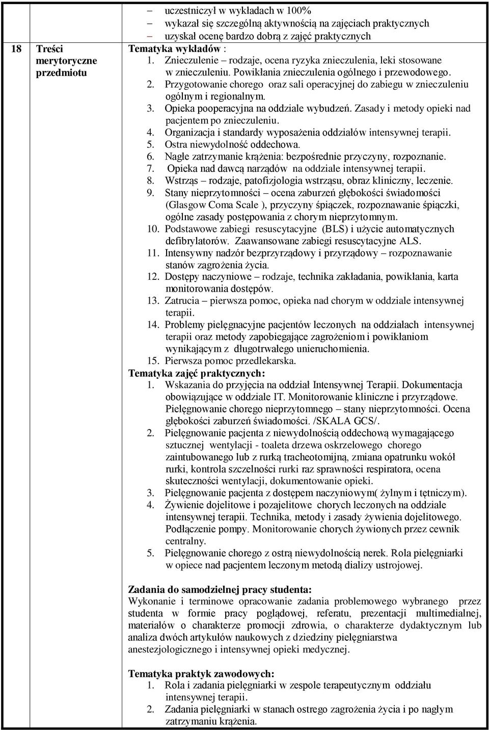 Przygotowanie chorego oraz sali operacyjnej do zabiegu w znieczuleniu ogólnym i regionalnym. 3. Opieka pooperacyjna na oddziale wybudzeń. Zasady i metody opieki nad pacjentem po znieczuleniu. 4.