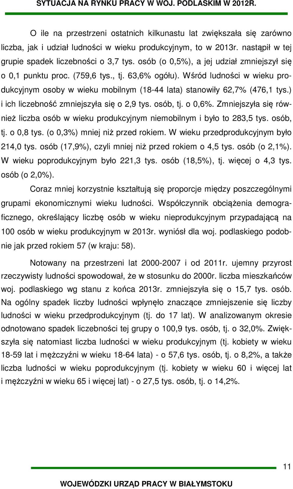 Wśród ludności w wieku produkcyjnym osoby w wieku mobilnym (18-44 lata) stanowiły 62,7% (476,1 tys.) i ich liczebność zmniejszyła się o 2,9 tys. osób, tj. o 0,6%.