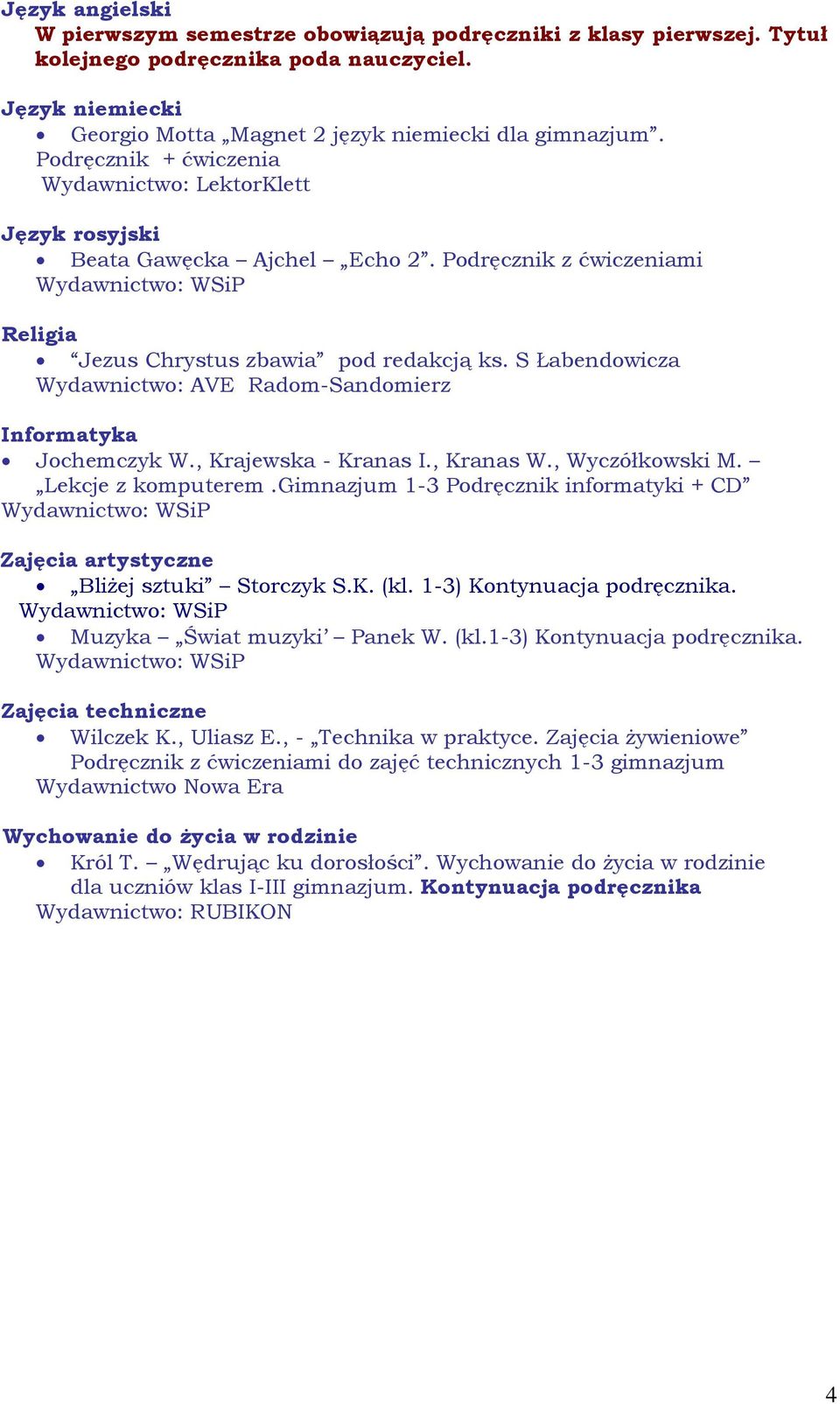 S Łabendowicza Wydawnictwo: AVE Radom-Sandomierz Informatyka Jochemczyk W., Krajewska - Kranas I., Kranas W., Wyczółkowski M. Lekcje z komputerem.