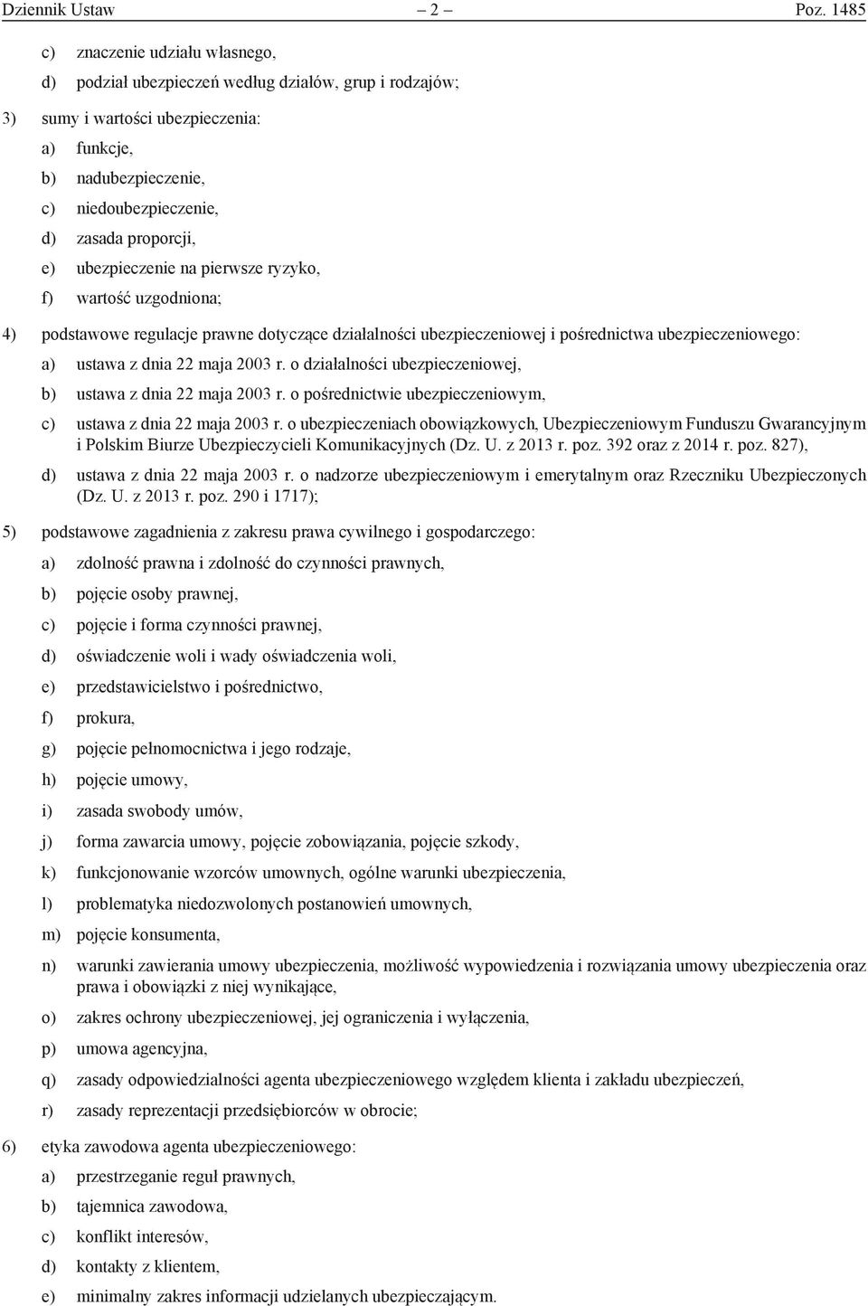 proporcji, e) ubezpieczenie na pierwsze ryzyko, f) wartość uzgodniona; 4) podstawowe regulacje prawne dotyczące działalności ubezpieczeniowej i pośrednictwa ubezpieczeniowego: a) ustawa z dnia 22