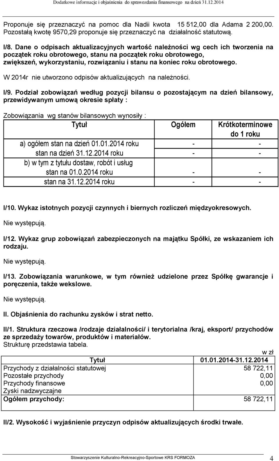 obrotowego. W 2014r nie utworzono odpisów aktualizujących na należności. I/9.