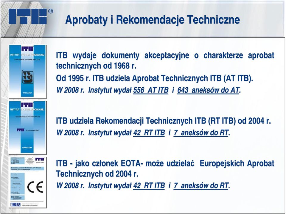 ITB udziela Rekomendacji Technicznych ITB (RT ITB) od 2004 r. W 2008 r. Instytut wydał 42 RT ITB i 7 aneksów w do RT.