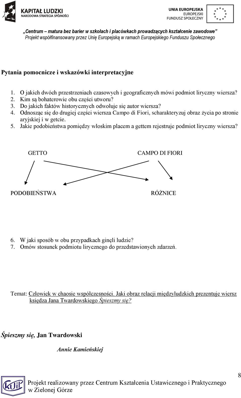 Jakie podobieństwa pomiędzy włoskim placem a gettem rejestruje podmiot liryczny wiersza? GETTO CAMPO DI FIORI PODOBIEŃSTWA RÓŻNICE 6. W jaki sposób w obu przypadkach ginęli ludzie? 7.