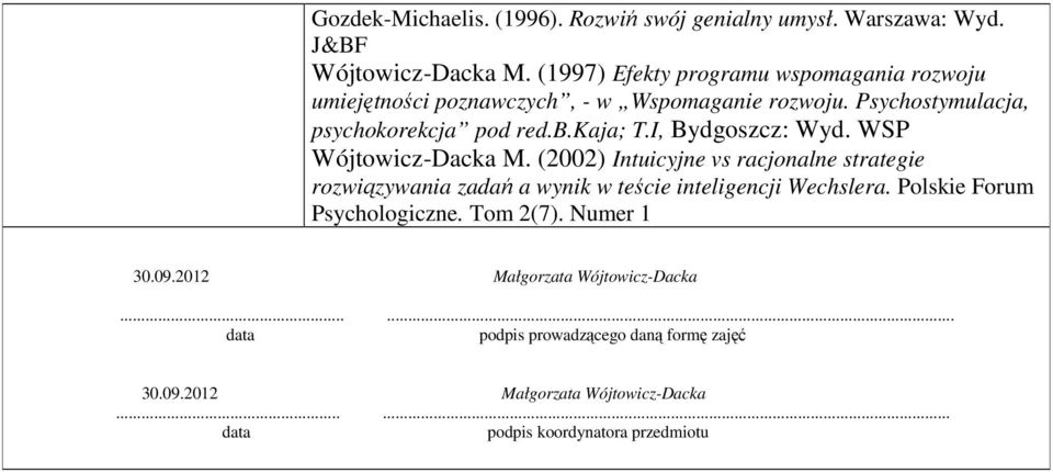 Psychostymulacja, psychokorekcja pod red.b.kaja; T.I, Bydgoszcz: Wyd. WSP Wójtowicz-Dacka M.