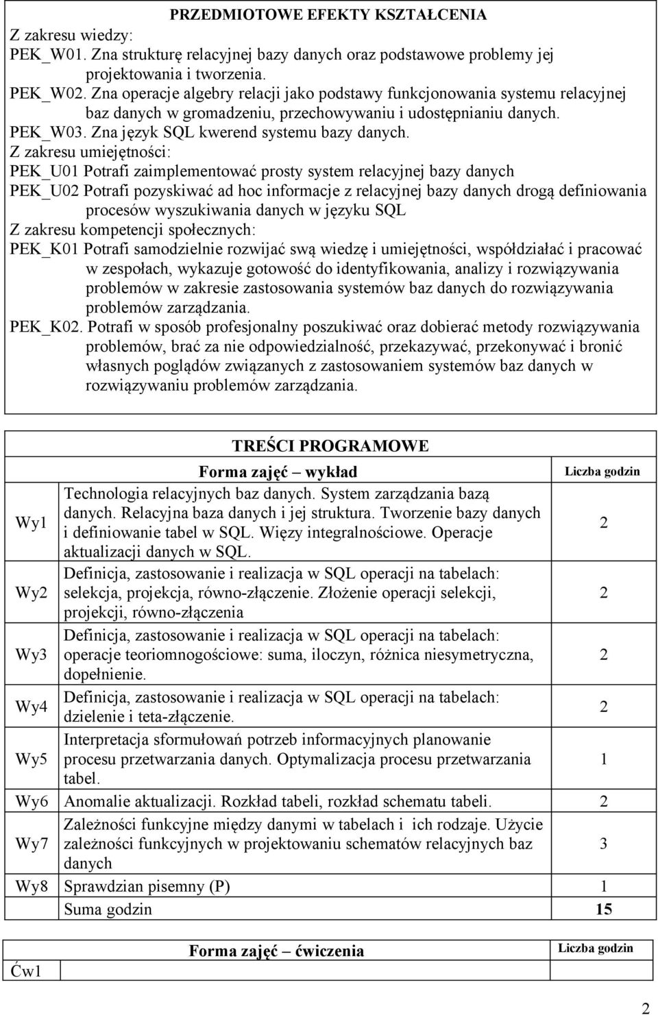 Z zakresu umiejętności: Potrafi zaimplementować prosty system relacyjnej bazy danych PEK_U0 Potrafi pozyskiwać ad hoc informacje z relacyjnej bazy danych drogą definiowania procesów wyszukiwania