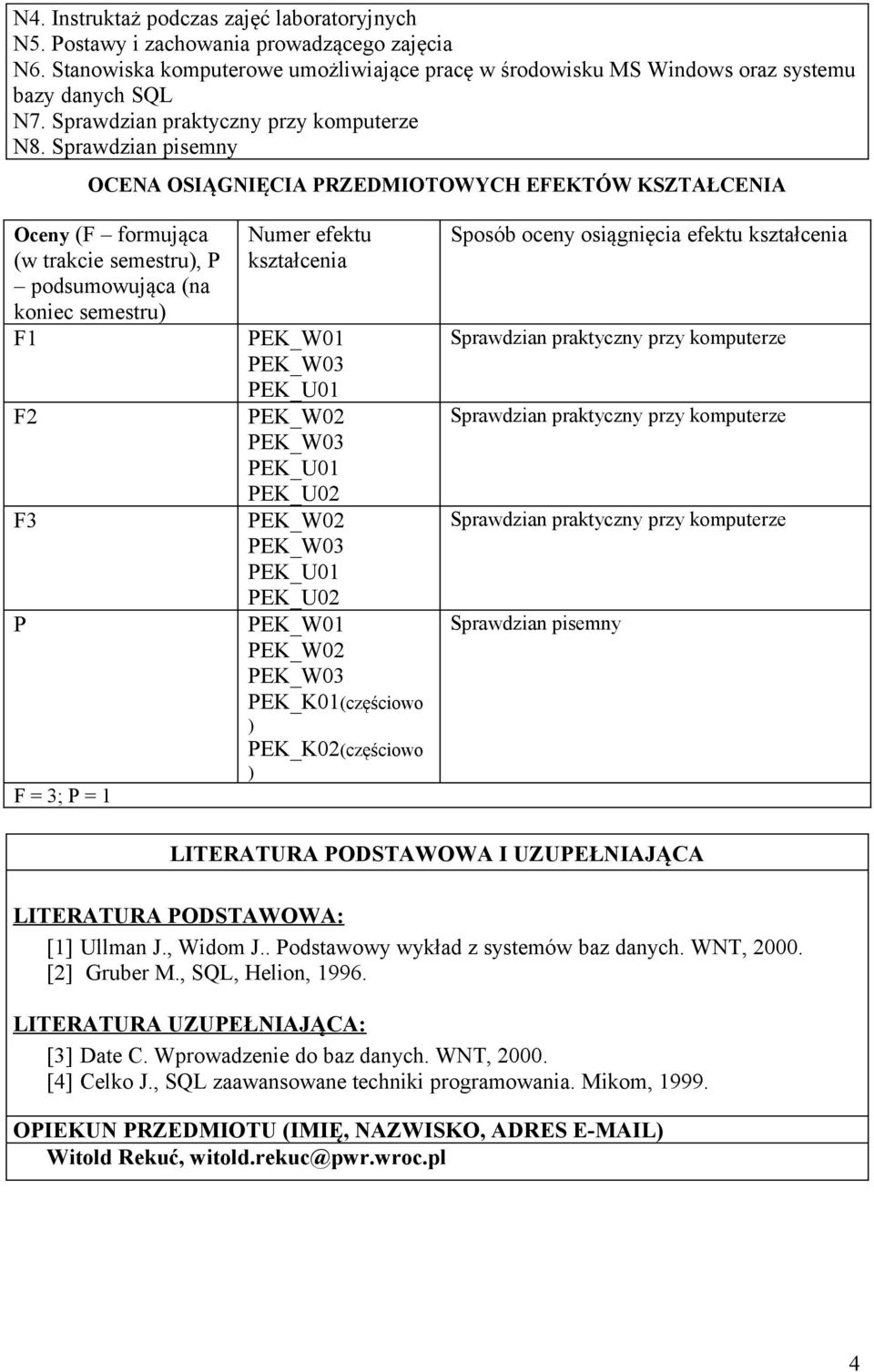 PEK_W0 PEK_U0 PEK_W0 PEK_U0 PEK_W0 PEK_K01(częściowo ) PEK_K0(częściowo ) Sposób oceny osiągnięcia efektu kształcenia Sprawdzian pisemny LITERATURA PODSTAWOWA I UZUPEŁNIAJĄCA LITERATURA PODSTAWOWA: