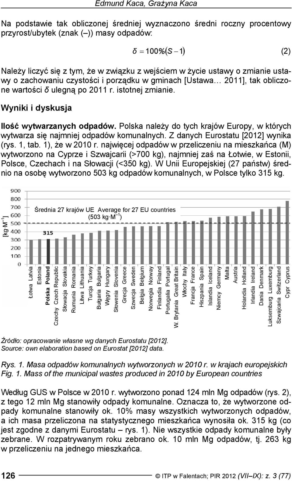 Wyniki i dyskusja Ilość wytwarzanych odpadów. Polska należy do tych krajów Europy, w których wytwarza się najmniej odpadów komunalnych. Z danych Eurostatu [2012] wynika (rys. 1, tab. 1), że w 2010 r.