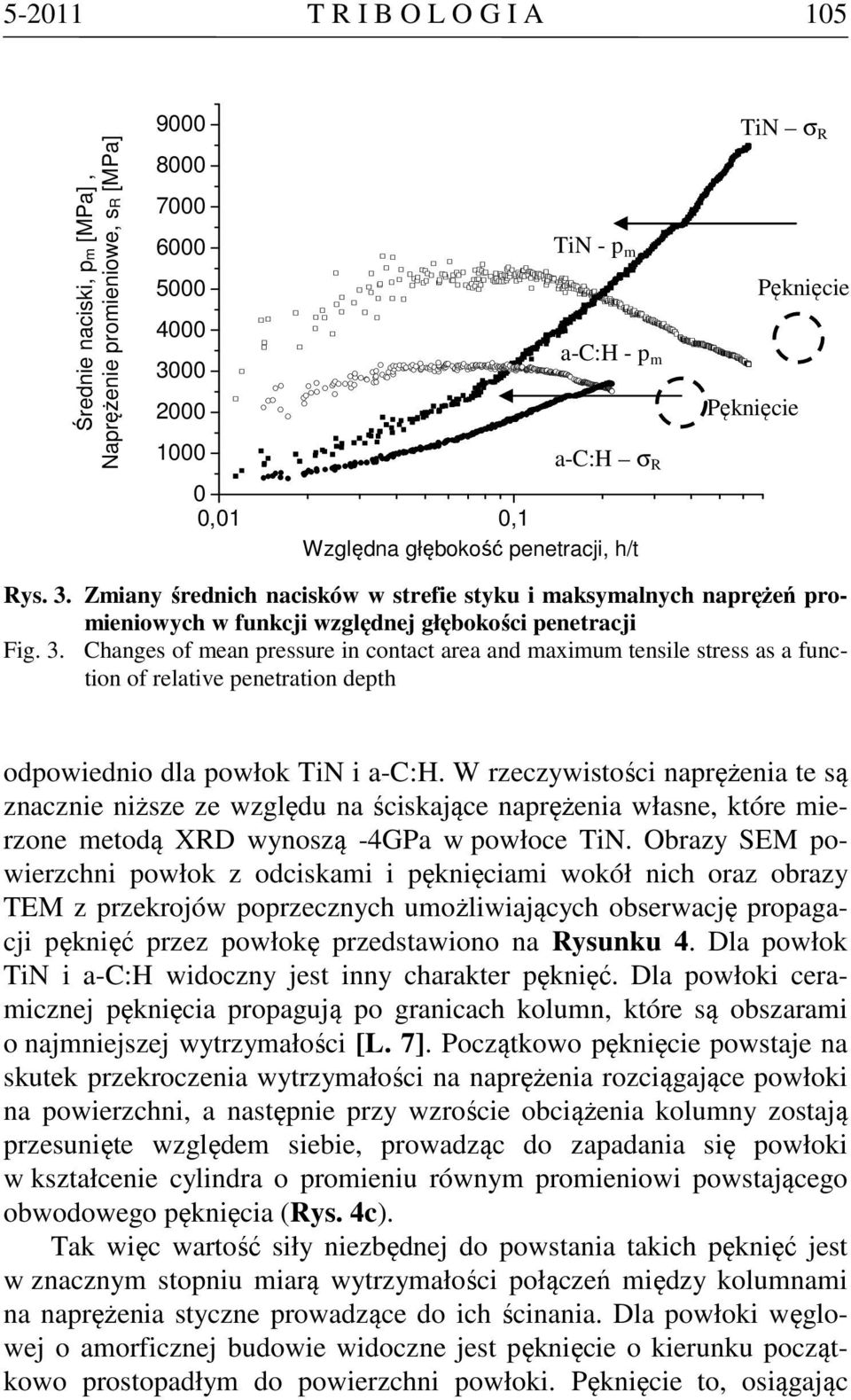 Zmiany średnich nacisków w strefie styku i maksymalnych naprężeń promieniowych w funkcji względnej głębokości penetracji Fig. 3.