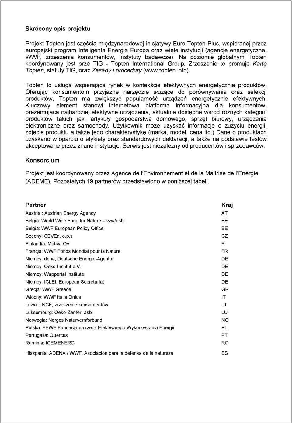 Zrzeszenie to promuje Kartę Topten, statuty TIG, oraz Zasady i procedury (www.topten.info). Topten to usługa wspierająca rynek w kontekście efektywnych energetycznie produktów.