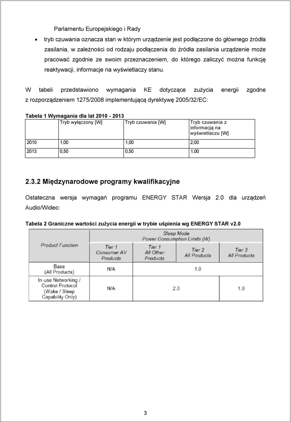 W tabeli przedstawiono wymagania KE dotyczące zużycia energii zgodne z rozporządzeniem 1275/2008 implementującą dyrektywę 2005/32/EC: Tabela 1 Wymagania dla lat 2010-2013 Tryb wyłączony [W] Tryb