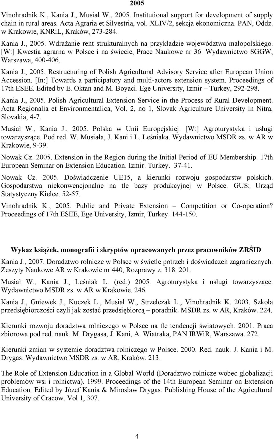 Wydawnictwo SGGW, Warszawa, 400-406. Kania J., 2005. Restructuring of Polish Agricultural Advisory Service after European Union Accession.