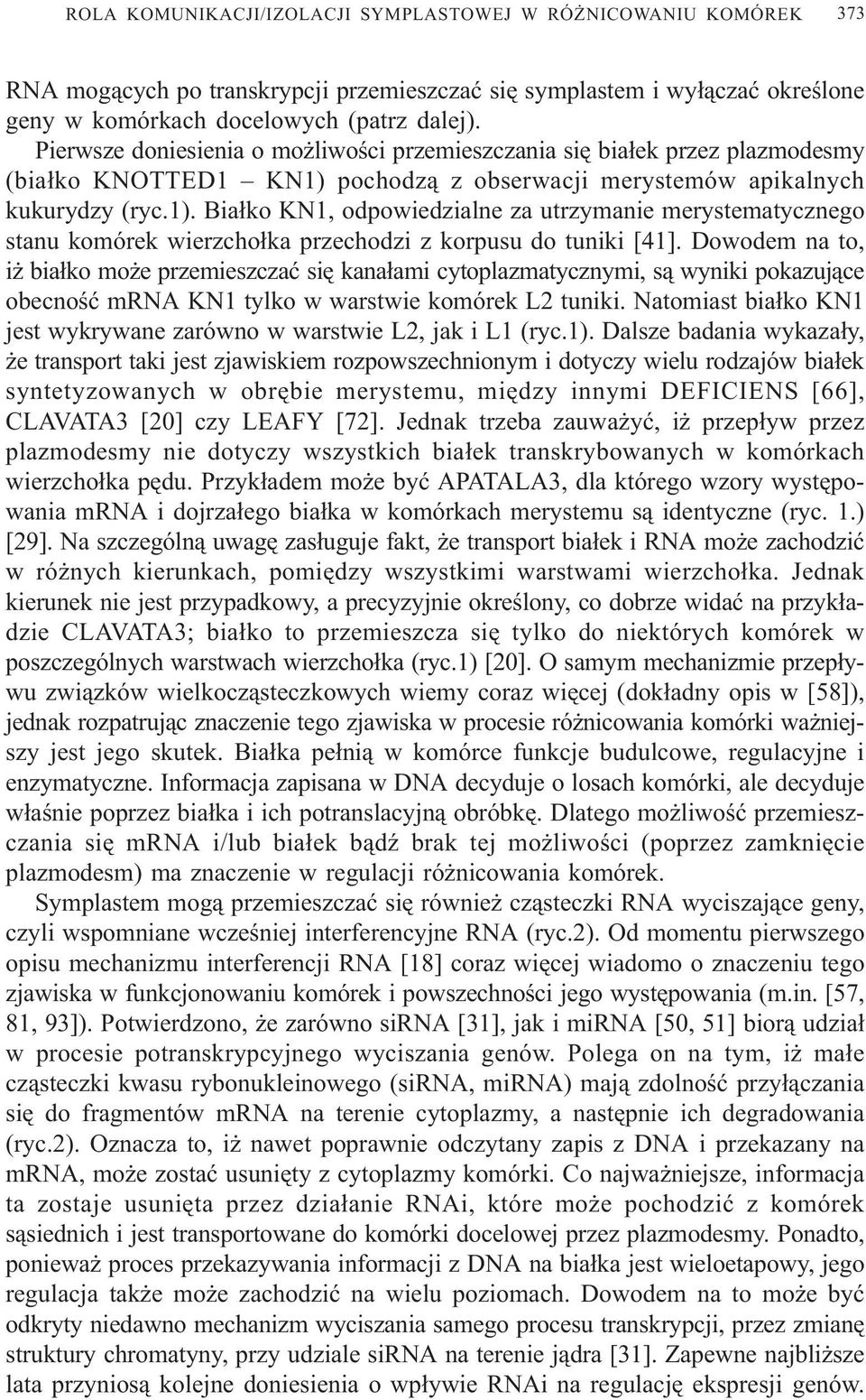 pochodz¹ z obserwacji merystemów apikalnych kukurydzy (ryc.1). Bia³ko KN1, odpowiedzialne za utrzymanie merystematycznego stanu komórek wierzcho³ka przechodzi z korpusu do tuniki [41].