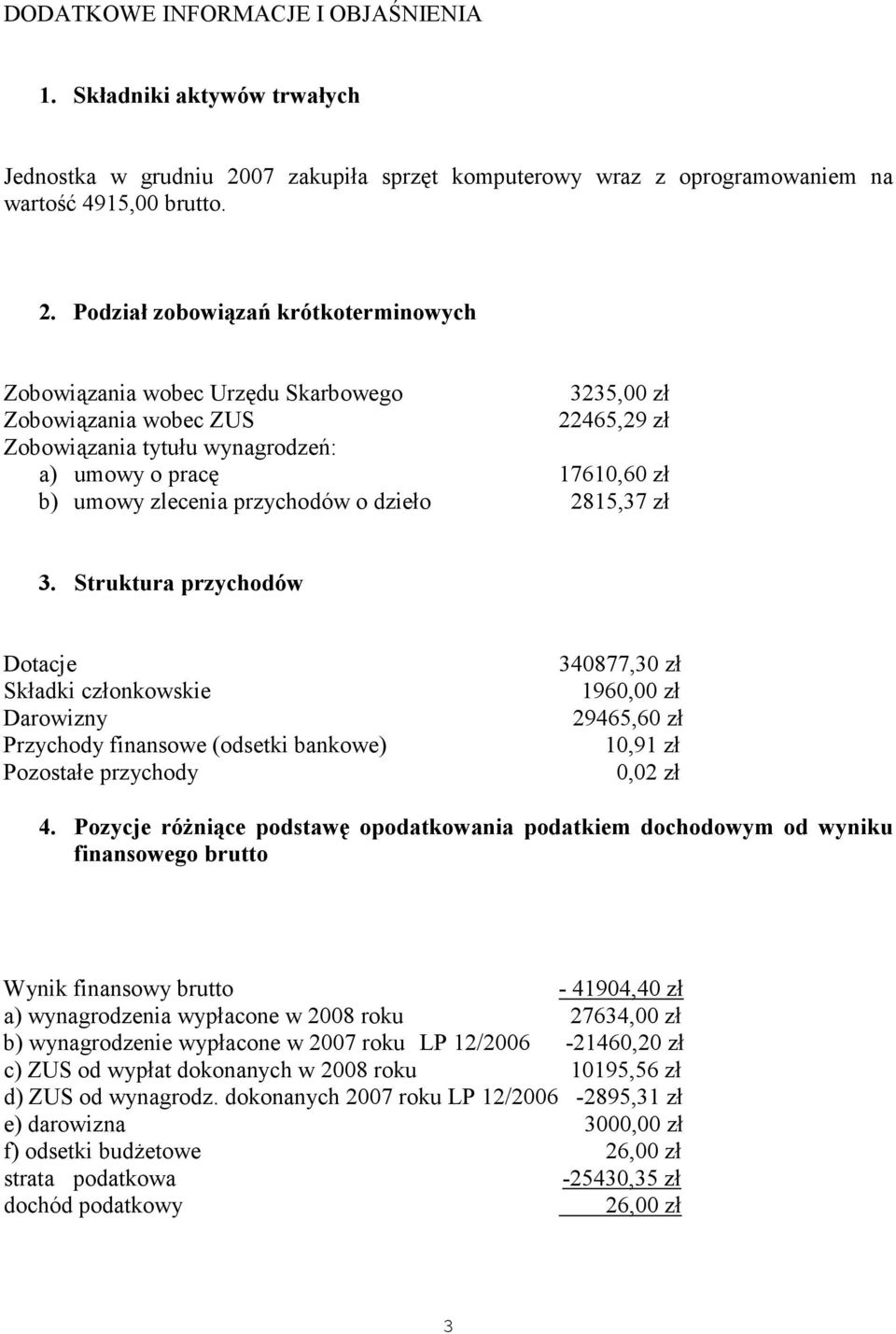 Podział zobowiązań krótkoterminowych Zobowiązania wobec Urzędu Skarbowego 3235,00 zł Zobowiązania wobec ZUS 22465,29 zł Zobowiązania tytułu wynagrodzeń: a) umowy o pracę 17610,60 zł b) umowy zlecenia