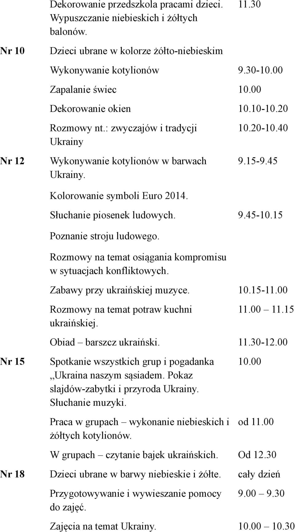 9.45-10.15 Poznanie stroju ludowego. Rozmowy na temat osiągania kompromisu w sytuacjach konfliktowych. Zabawy przy ukraińskiej muzyce. 10.15-11.00 Rozmowy na temat potraw kuchni ukraińskiej. 11.00 11.