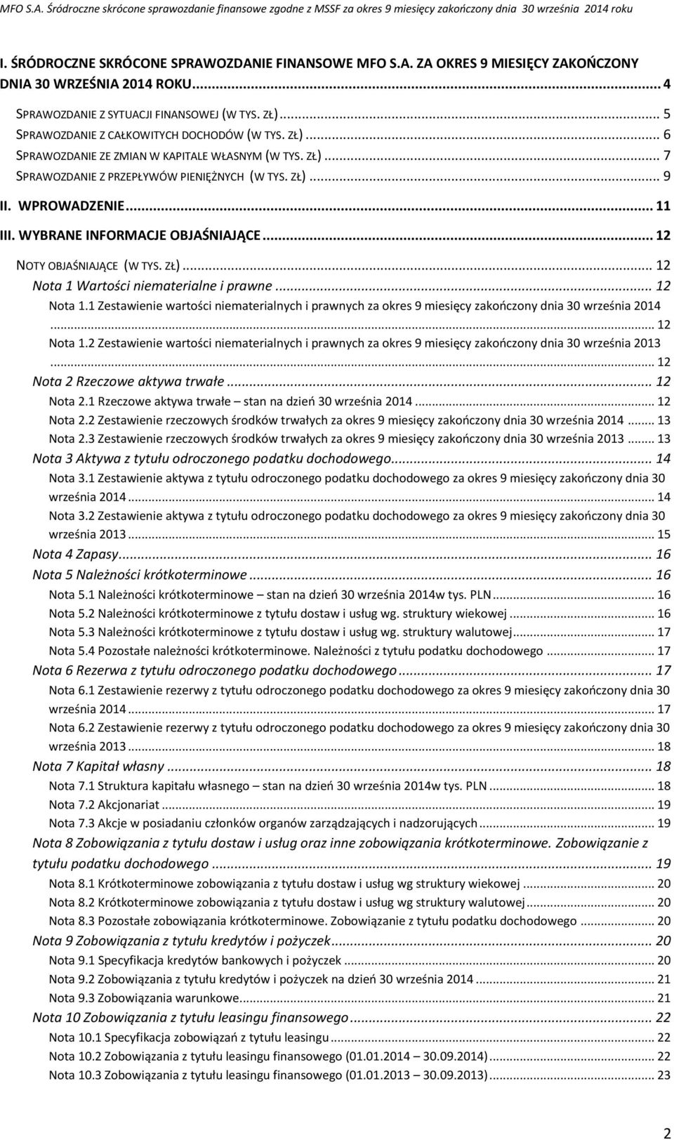 WYBRANE INFORMACJE OBJAŚNIAJĄCE... 12 NOTY OBJAŚNIAJĄCE (W TYS. ZŁ)... 12 Nota 1 Wartości niematerialne i prawne... 12 Nota 1.1 Zestawienie wartości niematerialnych i prawnych za okres 9 miesięcy zakończony dnia 30 września 2014.