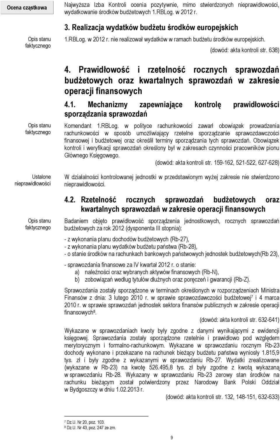 Prawidłowość i rzetelność rocznych sprawozdań budŝetowych oraz kwartalnych sprawozdań w zakresie operacji finansowych 4.1.