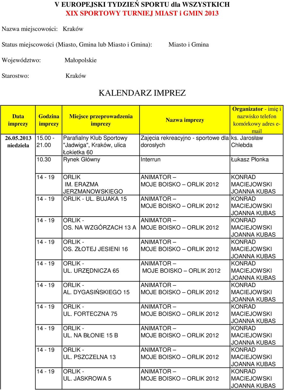 2013 niedziela Godzina imprezy Miejsce przeprowadzenia imprezy Nazwa imprezy Zajęcia rekreacyjno - sportowe dla dorosłych Organizator - imię i nazwisko telefon komórkowy adres