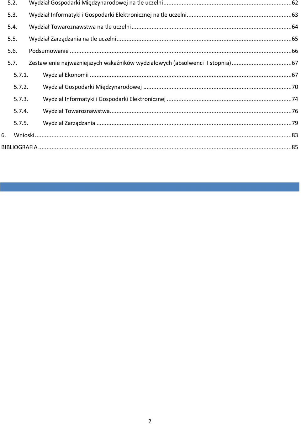 Zestawienie najważniejszych wskaźników wydziałowych (absolwenci II stopnia)...67 5.7.1. Wydział Ekonomii...67 5.7.2.