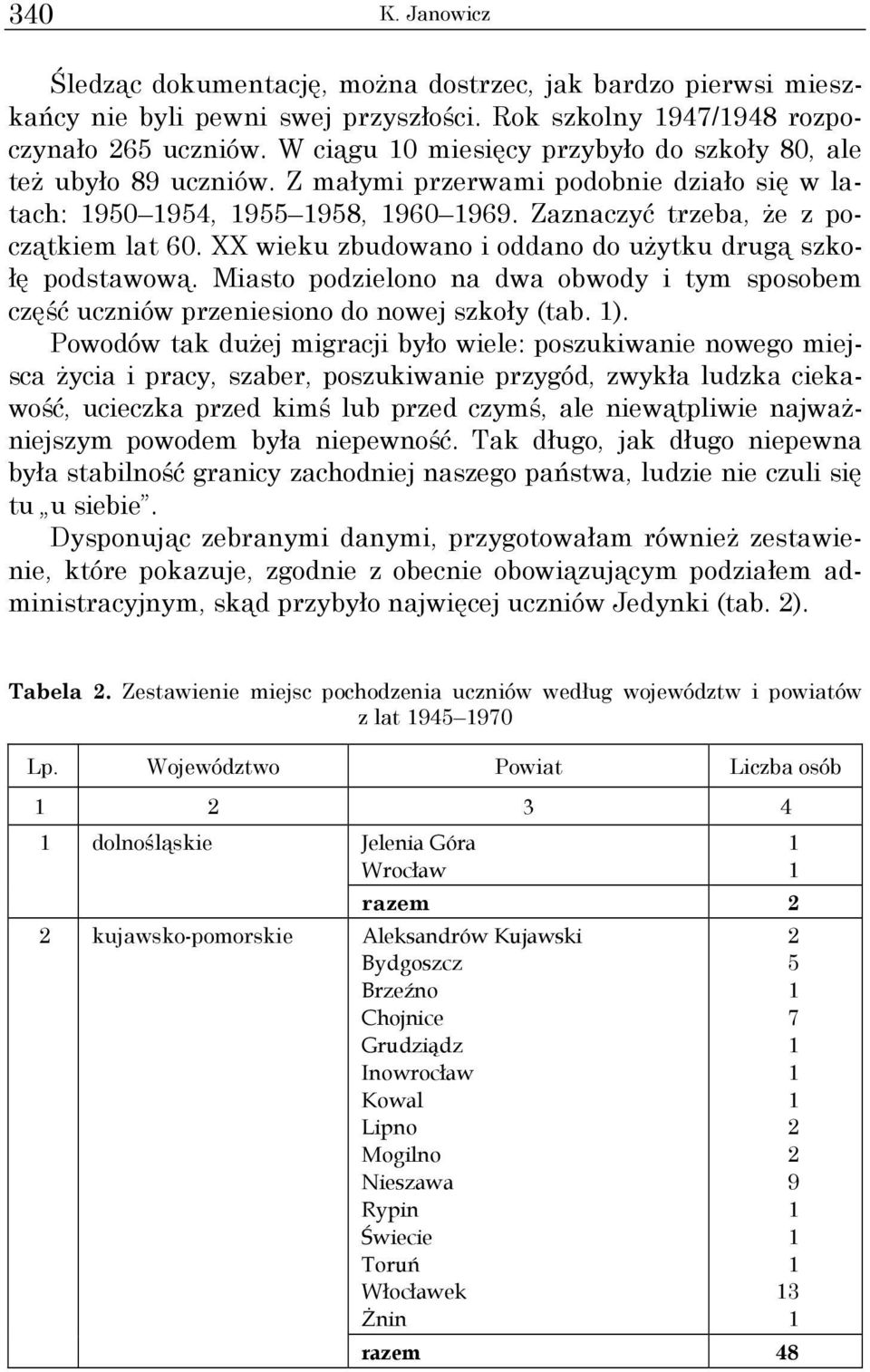 XX wieku zbudowano i oddano do uŝytku drugą szkołę podstawową. Miasto podzielono na dwa obwody i tym sposobem część uczniów przeniesiono do nowej szkoły (tab. ).