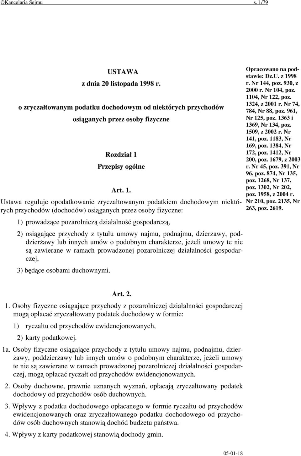 98 r. o zryczałtowanym podatku dochodowym od niektórych przychodów osiąganych przez osoby fizyczne Rozdział 1 