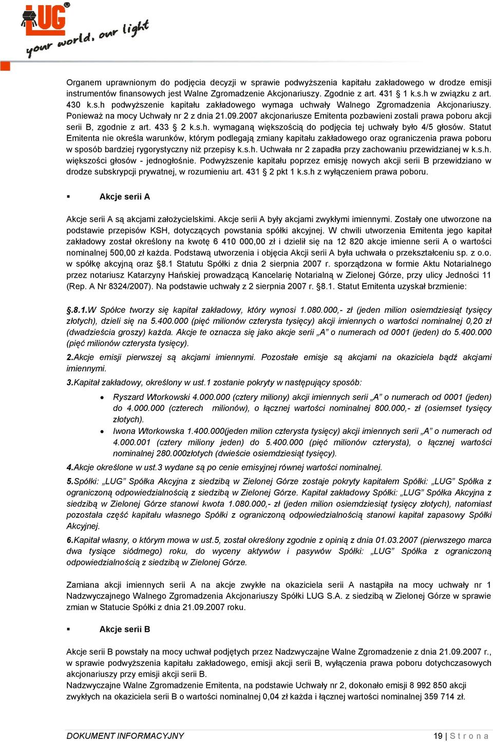 2007 akcjonariusze Emitenta pozbawieni zostali prawa poboru akcji serii B, zgodnie z art. 433 2 k.s.h. wymaganą większością do podjęcia tej uchwały było 4/5 głosów.