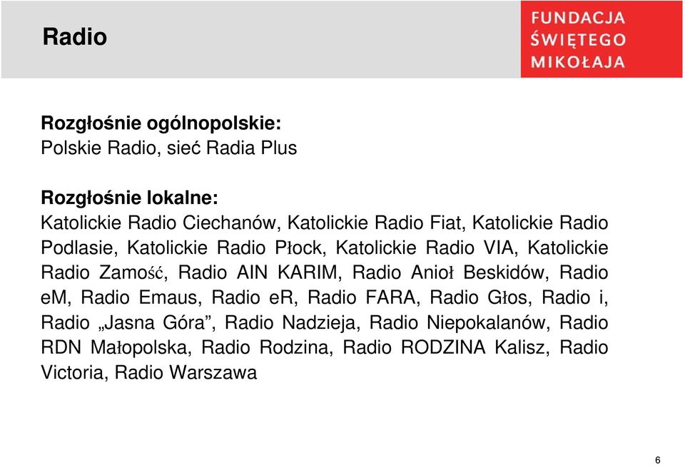 Radio AIN KARIM, Radio Anioł Beskidów, Radio em, Radio Emaus, Radio er, Radio FARA, Radio Głos, Radio i, Radio Jasna
