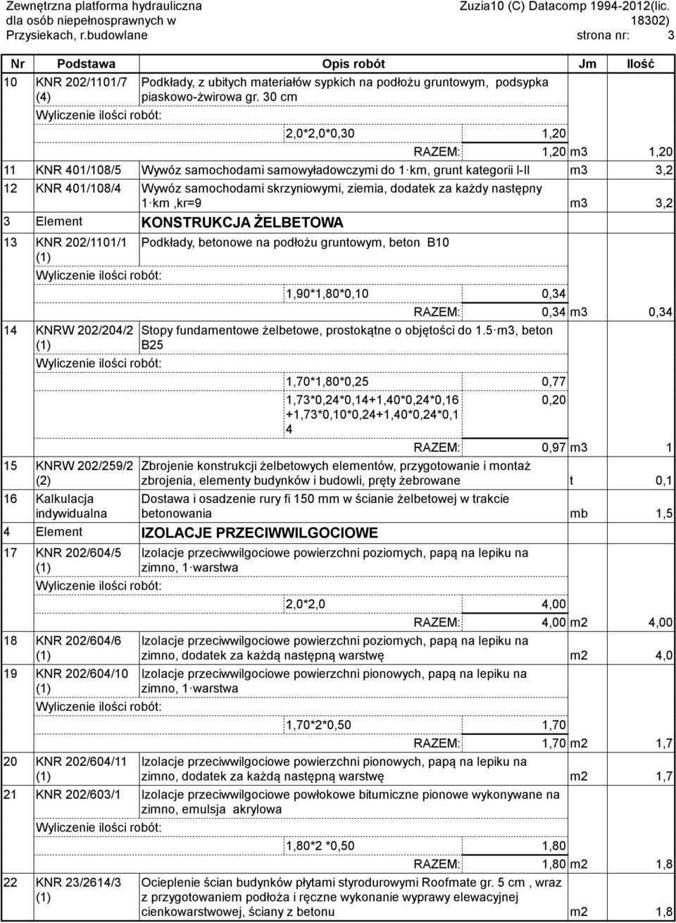 za każdy następny 1 km,kr=9 m3 3,2 3 Element KONSTRUKCJA ŻELBETOWA 13 KNR 202/1101/1 14 KNRW 202/204/2 15 KNRW 202/259/2 (2) 16 Kalkulacja Podkłady, betonowe na podłożu gruntowym, beton B10