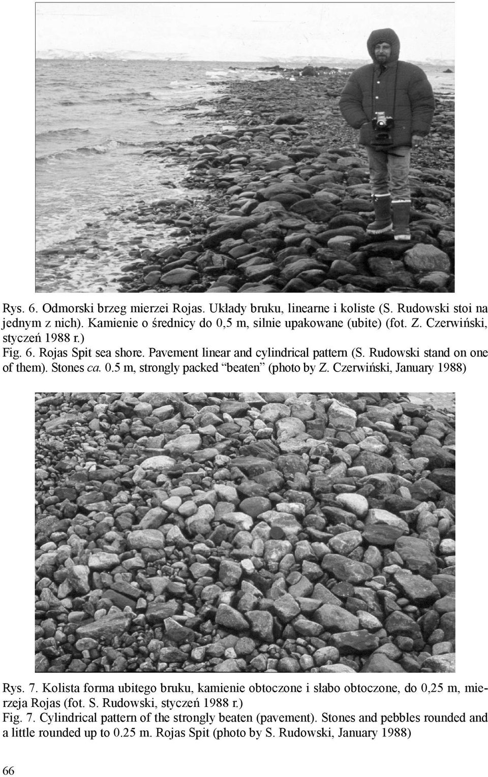 5 m, strongly packed beaten (photo by Z. Czerwiński, January 1988) Rys. 7. Kolista forma ubitego bruku, kamienie obtoczone i słabo obtoczone, do 0,25 m, mierzeja Rojas (fot.