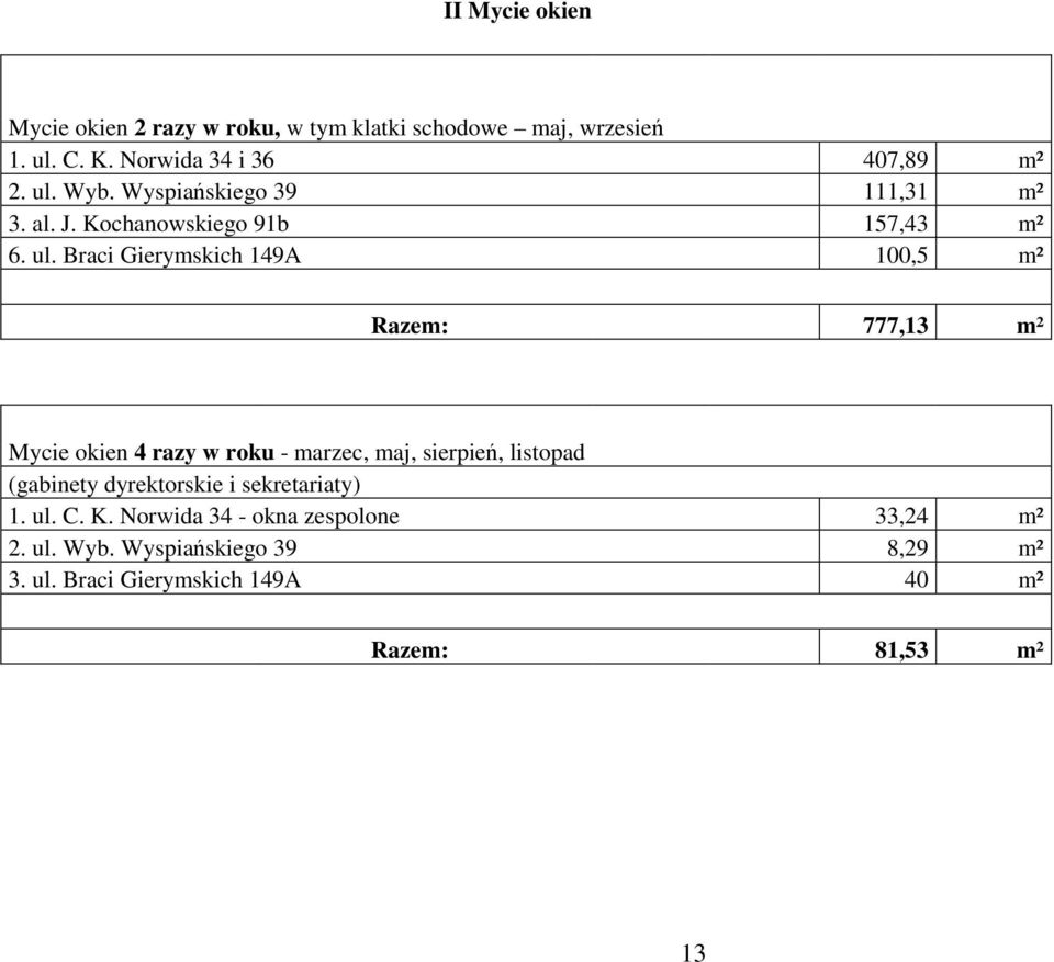 Braci Gierymskich 149A 100,5 m² Razem: 777,13 m² Mycie okien 4 razy w roku - marzec, maj, sierpień, listopad (gabinety
