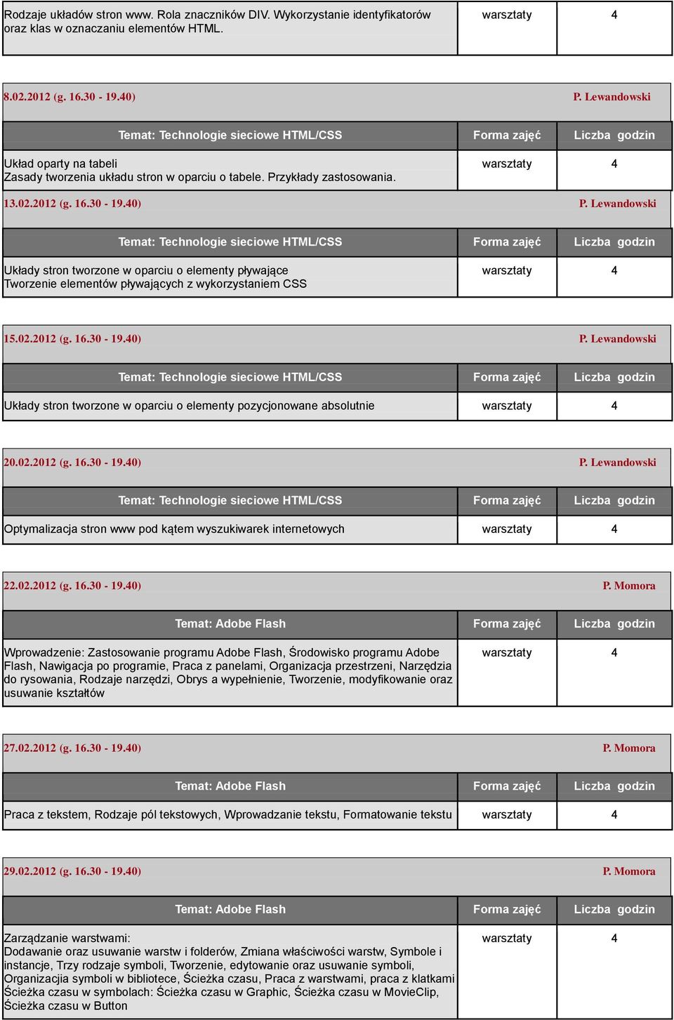 Lewandowski Układy stron tworzone w oparciu o elementy pływające Tworzenie elementów pływających z wykorzystaniem CSS 15.02.2012 (g. 16.30-19.40) P.
