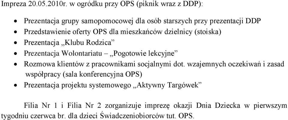 dla mieszkańców dzielnicy (stoiska) Prezentacja Klubu Rodzica Prezentacja Wolontariatu Pogotowie lekcyjne Rozmowa klientów z pracownikami