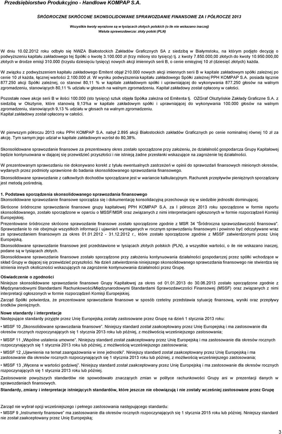 000 (trzystu dziesięciu tysięcy) nowych akcji imiennych serii B, o cenie emisyjnej 10 zł (dziesięć złotych) każda. W związku z podwyższeniem kapitału zakładowego Emitent objął 210.